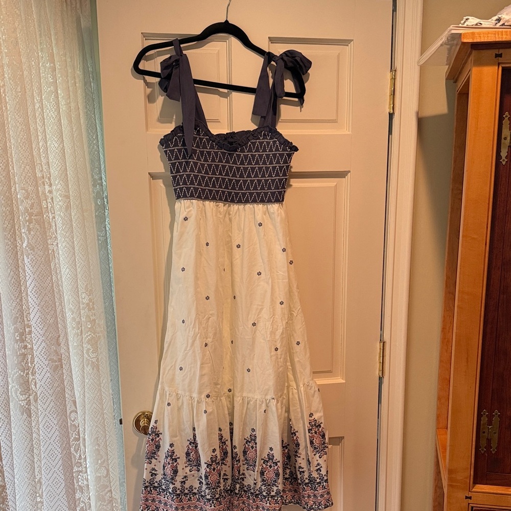 Smocked Navy and Cream Tie-Shoulder Maxi Dress